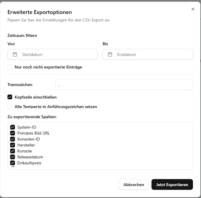 Resell Scan Dialog Erweiterte Exportoptionen für CSV