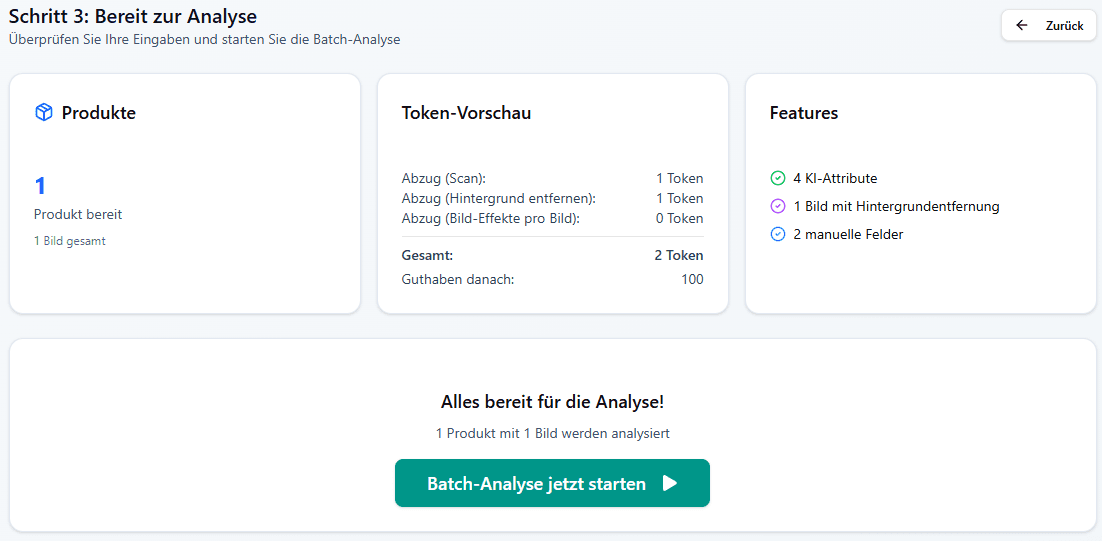 Resell Scan Schritt 3: Bereit zur Analyse mit Produkten, Token-Vorschau und Feature-Übersicht