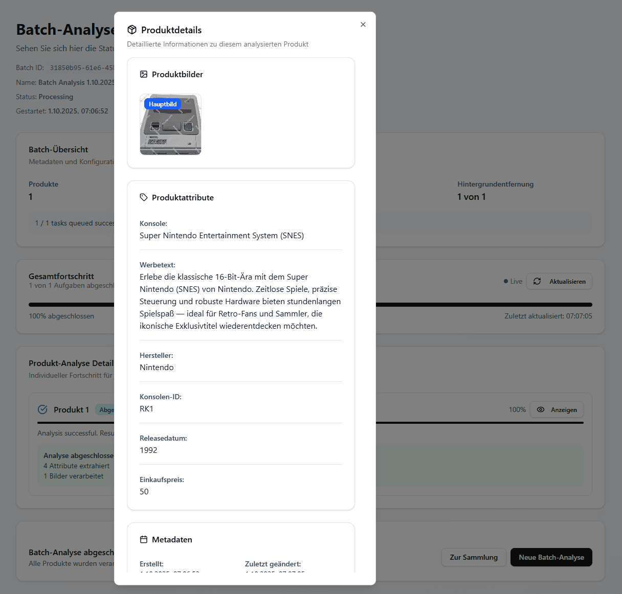 Resell Scan Sammlung mit analysierten Einträgen in der Datentabelle